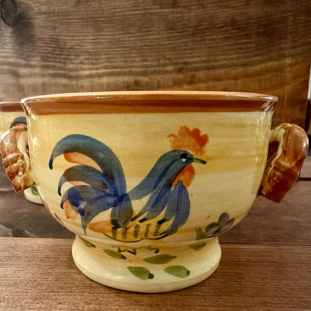 Classic Ceramics Calif. Pantry Dbl Handle Rooster Deco Soup Bowl 2 Hand Painted